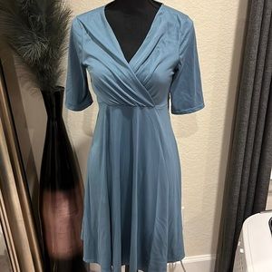 Maternity Wrap Dress Dusty Blue V-Neck Elbow Sleeve Empire Waist Baby Shower